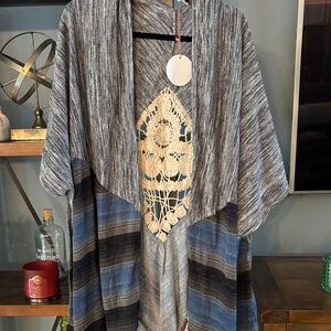 Nwt Hayden  Gray and Blue Striped Kimono with Crochet Detail